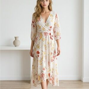 Calvin Klein Floral Wrap long Dress in Cream with Red & Yellow Accents